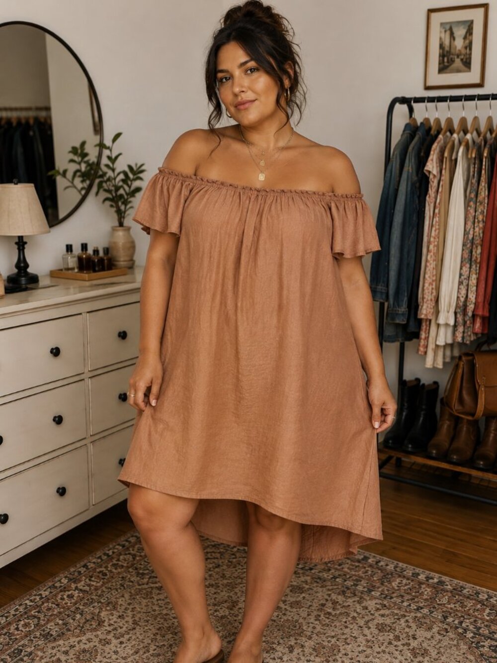 SHEIN Curve Mauve Brown Off The Shoulder Flutter Sleeve Dress 2XL NWOT
